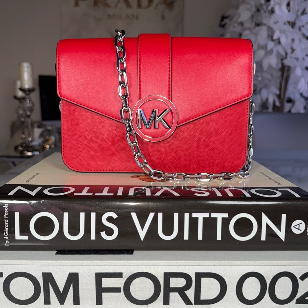 New Michael Kors Red Silver Carmen Medium Convertible Shoulder Bag NWT